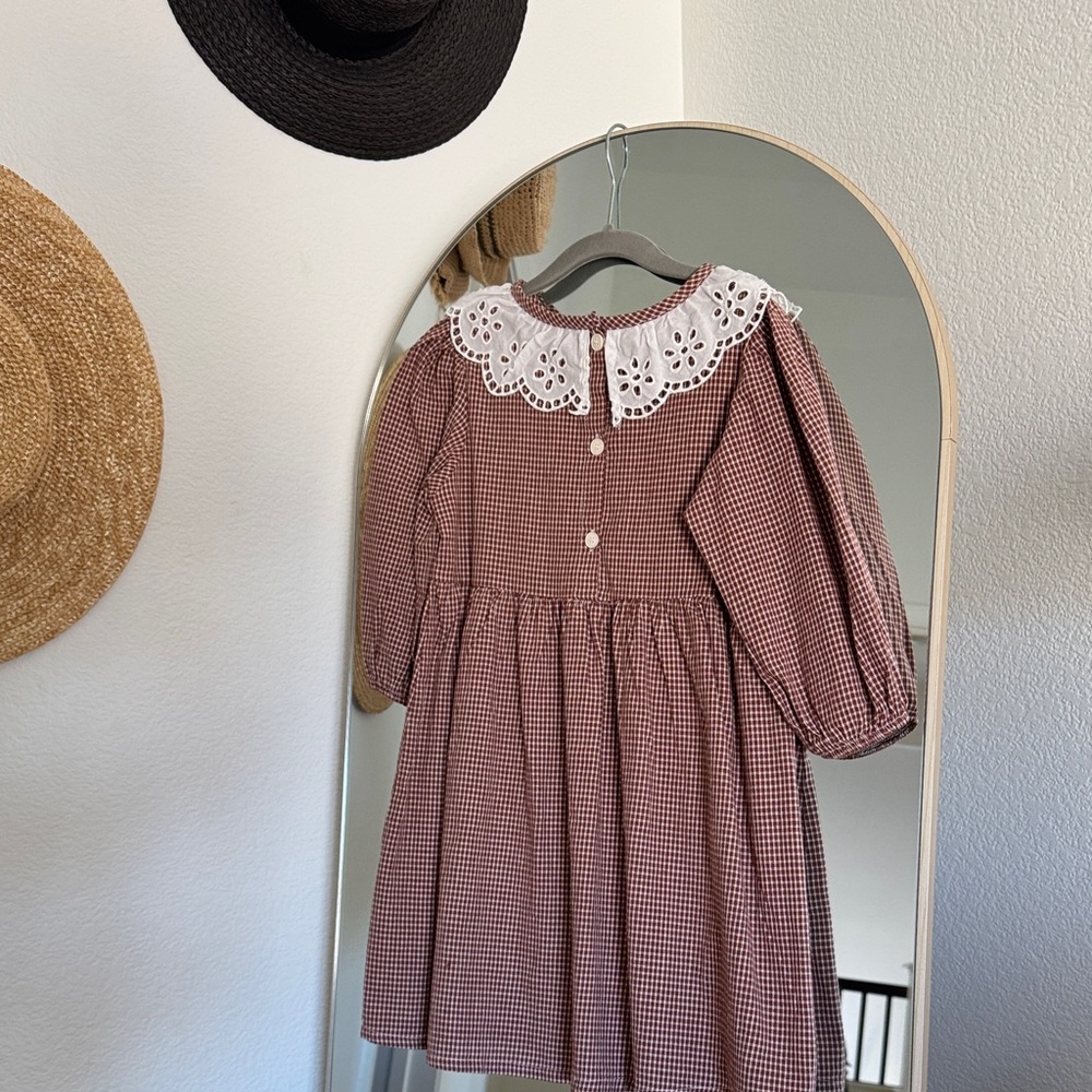 Charming Brown Checkered Kids Dress with Lace Collar